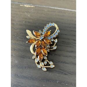 Vintage Kenneth Cole Rhinestone Brooch Amber & Baby Blue Stones Gold Tone